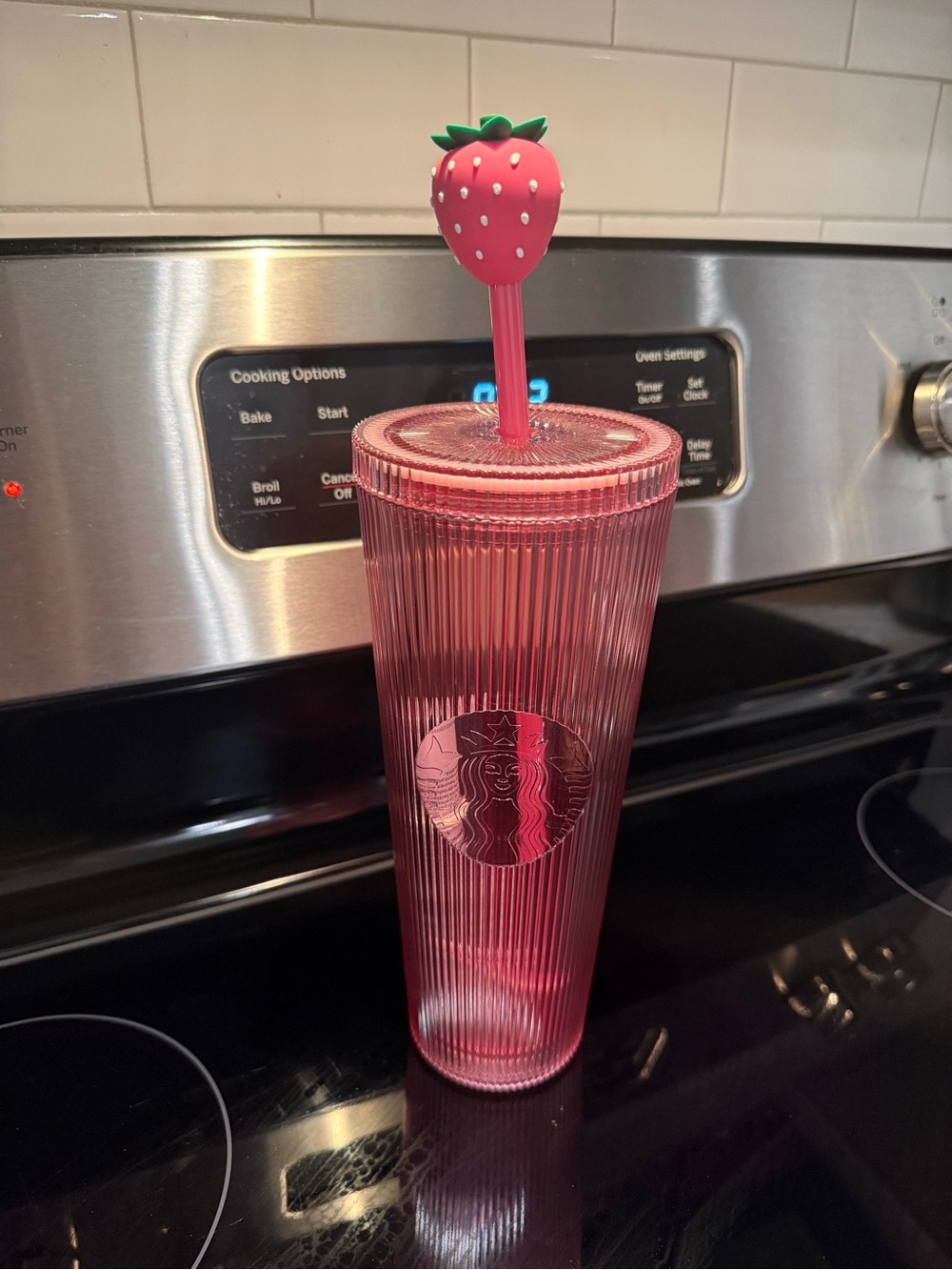 Starbucks Pink Ribbed Cold Cup with Strawberry-Topped Straw